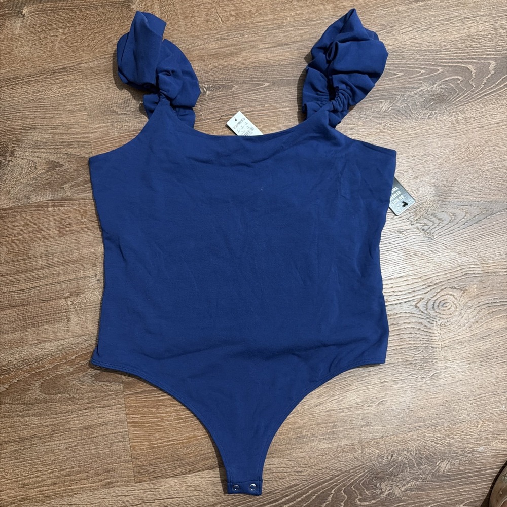 Express Women Bodysuit Top XL Ruffle Sleeve Blue Stretch Cotton Slimming New